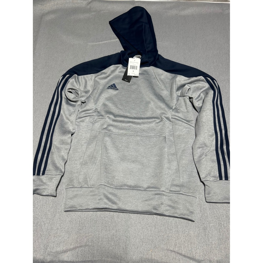 Adidas Fan Cloth Hood Hoodie Mens S Grey Navy Blue‎ 3-Stripe Pullover
